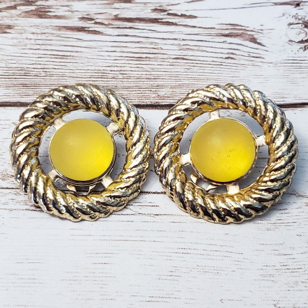 Vintage Clip On Earrings - Large Gold Tone & Yellow Statement Earrings